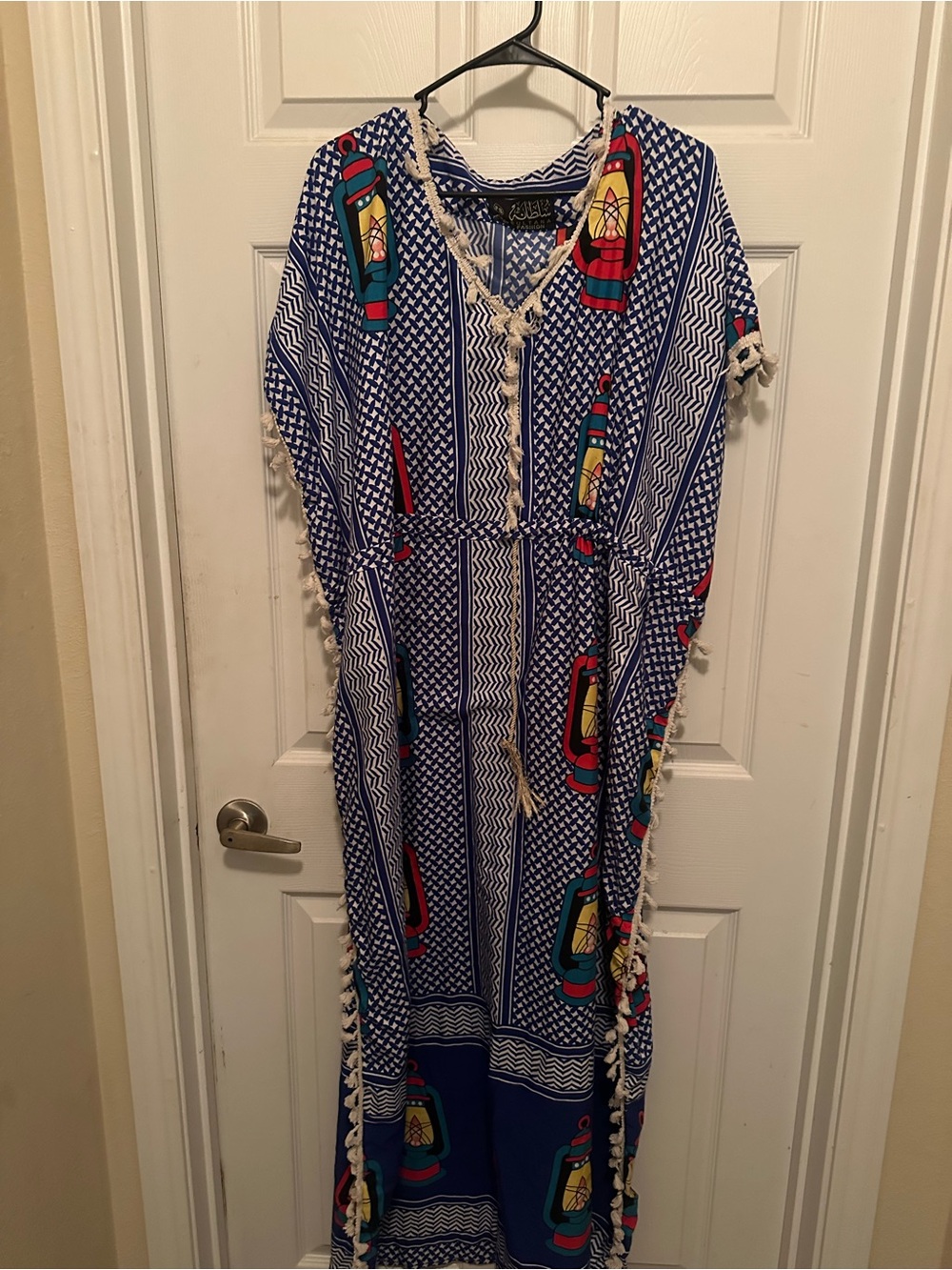 Blue Patterned Tassel Maxi Dress with Drawstring Waist